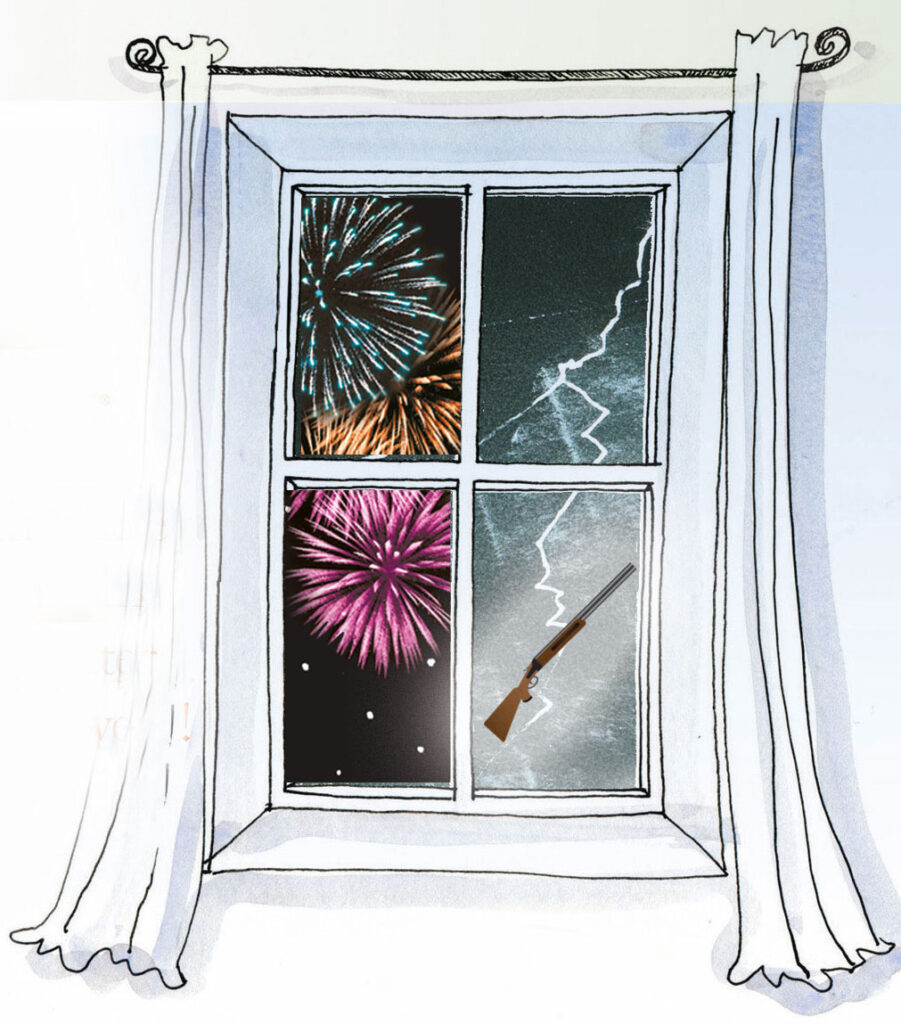 Fenster dahinter ist ein Feuerwerk.