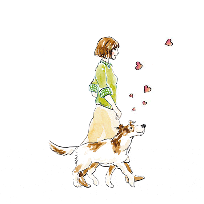 Frau führt mental ihren Hund. Der Hund sendet Ihr symbolisch ganz viele Herzen.