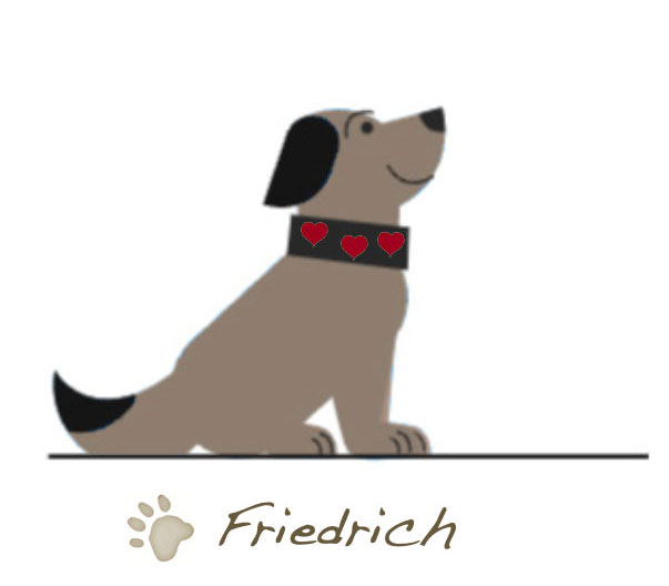 Der kleine Hund Friedrich sitzt ganz brav.