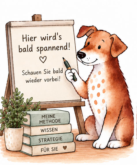 Hund zeigt auf eine Tafel für Kurse und Mentoringprogramme für ängstliche Hunde.