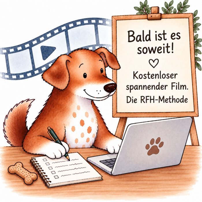 Hund schaut gespannt einen Film über die RFH-Methode für ängstliche Hunde.
