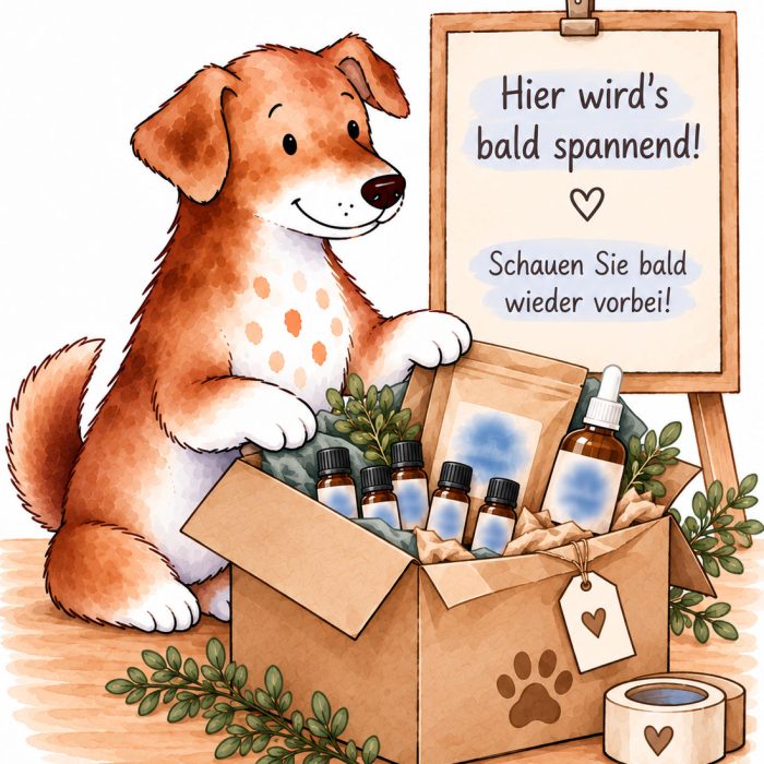 Hund packt einen Karton aus. Dort findet er Produkte für ängstliche, unsichere und gestresste Hunde.