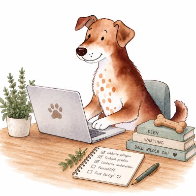 Süsser Hund schaut auf den PC und wartet ihn.